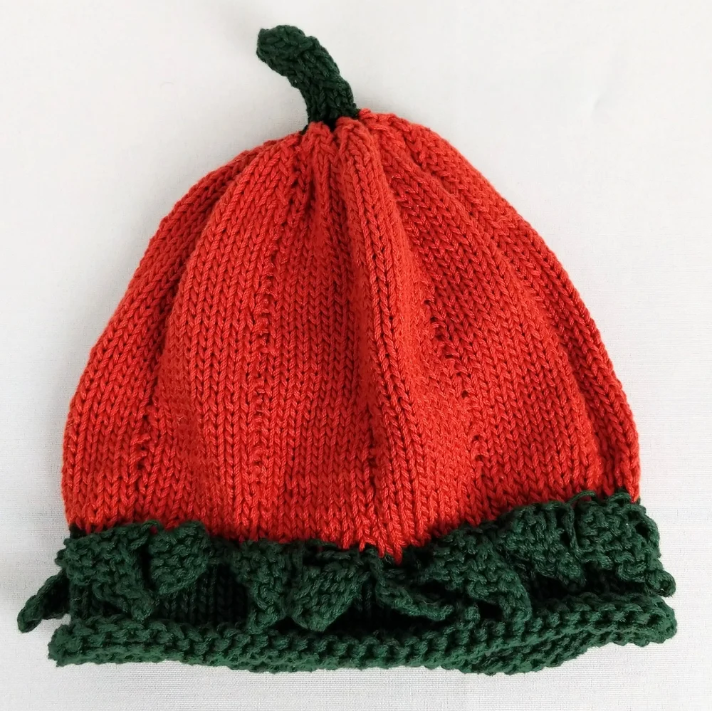 Kid's Hand Knit Hat Pumpkin Fairycore Halloween Stretchy Orange Green Naturecore